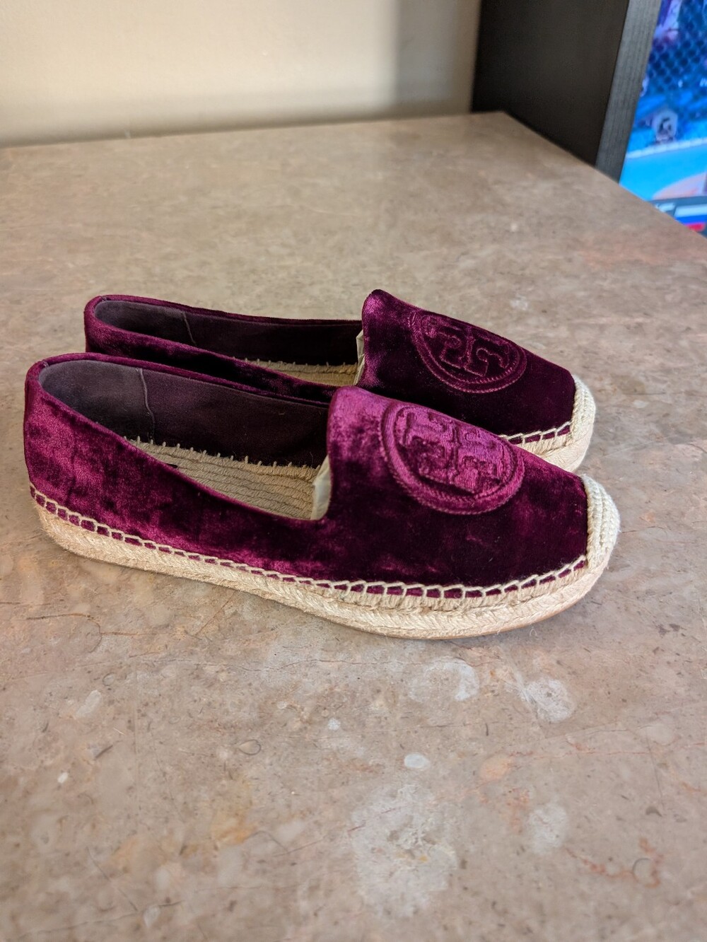Tory Burch Velvet Burgundy Platform Espadrille 7 Shoes Women's Size 9 No Box